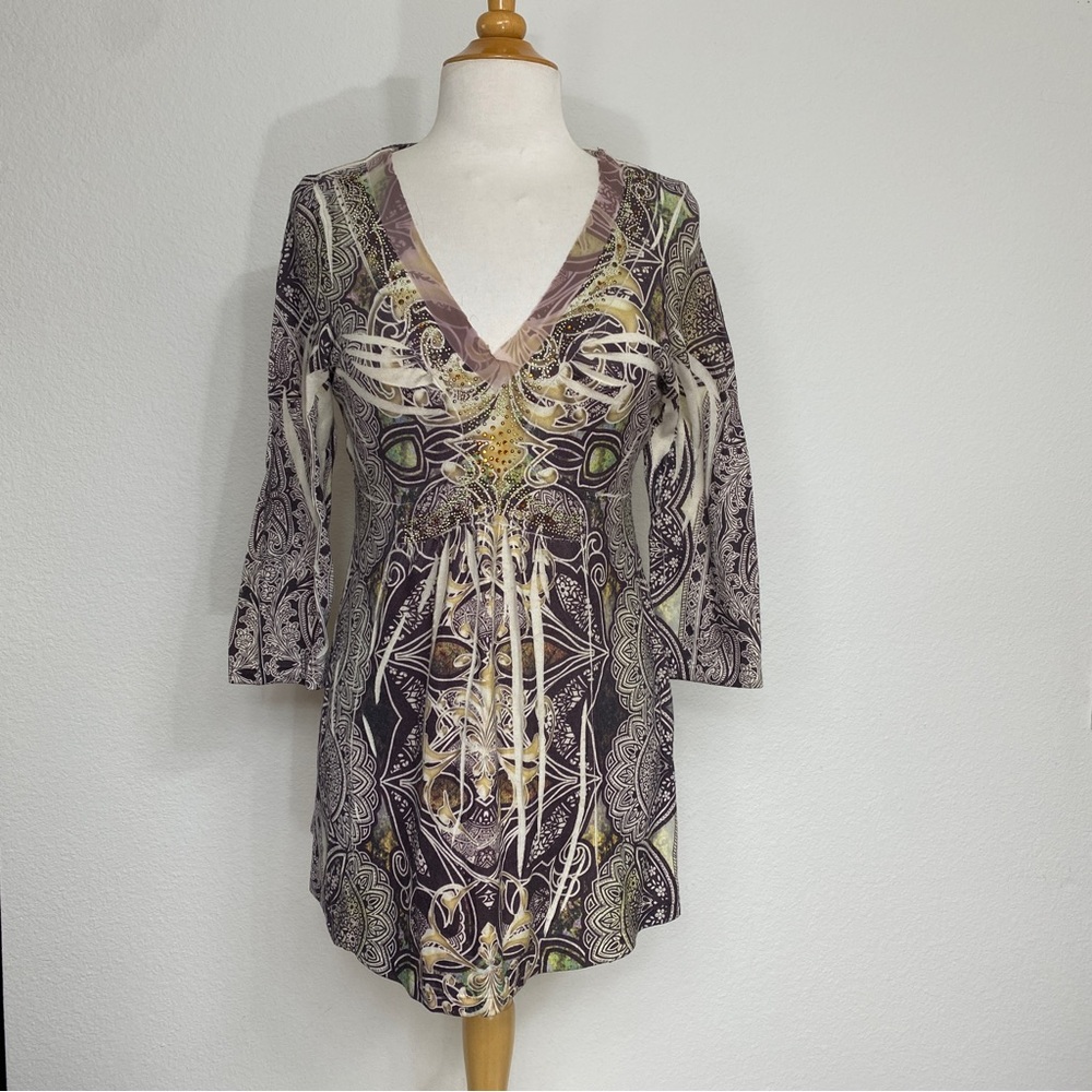 One World Women's Brown Fleur De Lys Sequins Bohemian Stretch Tunic Size Medium